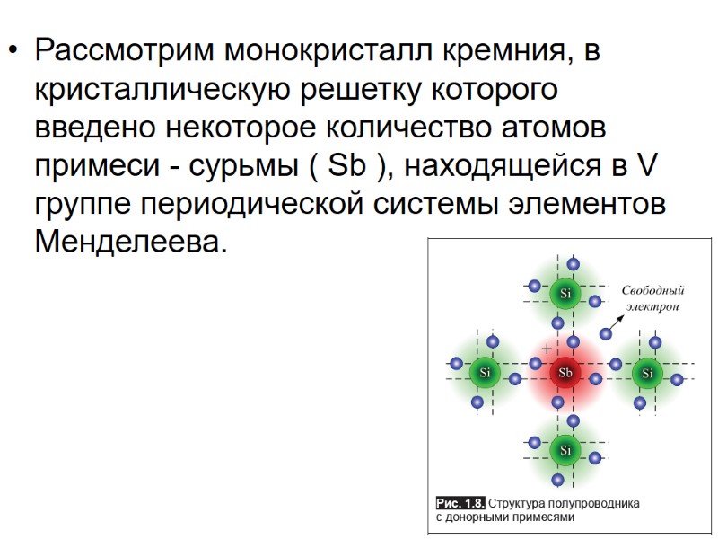 Рассмотрим монокристалл кремния, в кристаллическую решетку которого введено некоторое количество атомов примеси - сурьмы